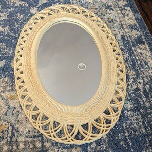 Vintage Burwood 470 Syroco 30" Oval Wall Mirror Off White Wicker Style 1980s